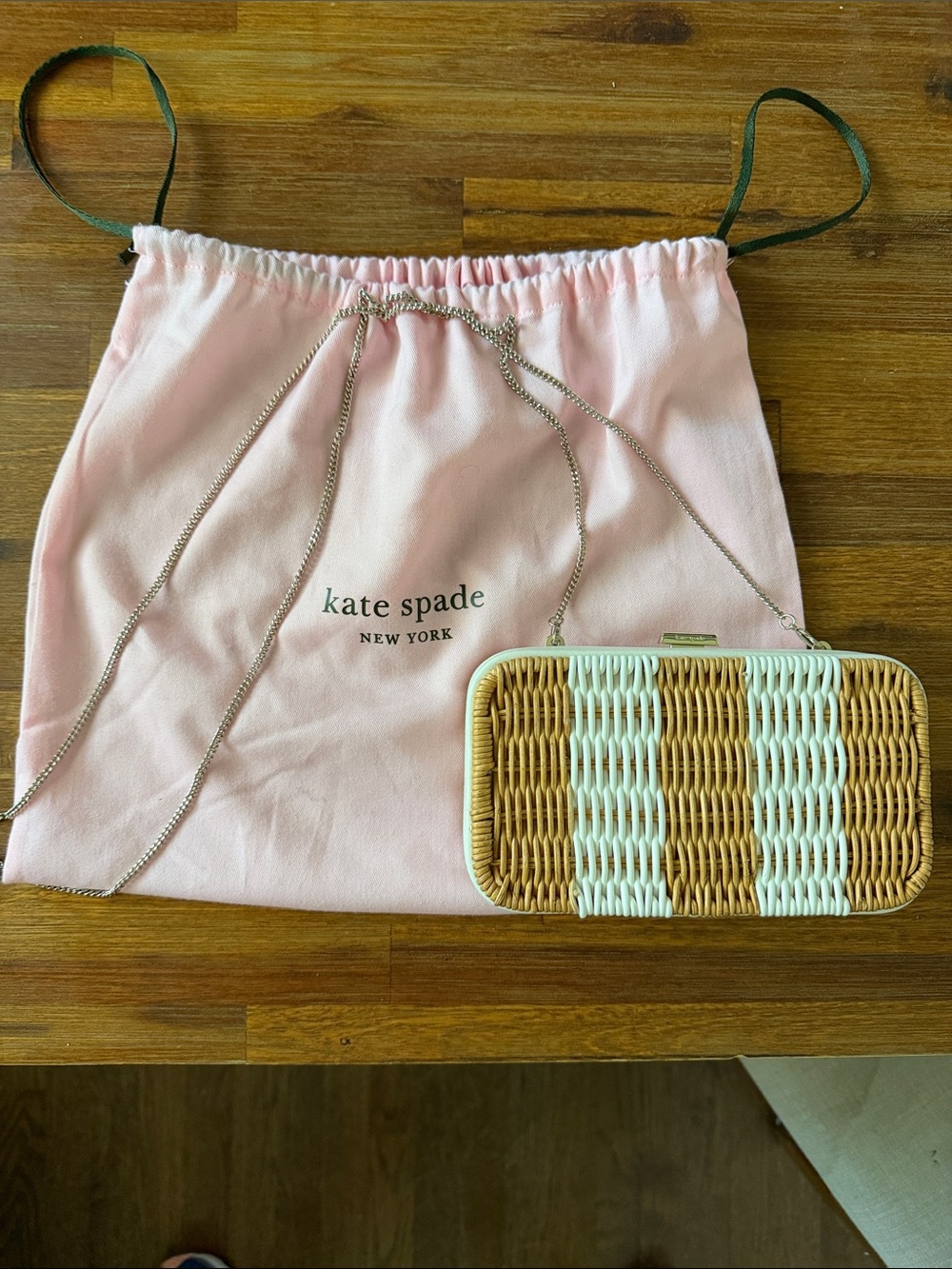 kate spade Straw Woven Clutch in Tan and White with Chain Strap